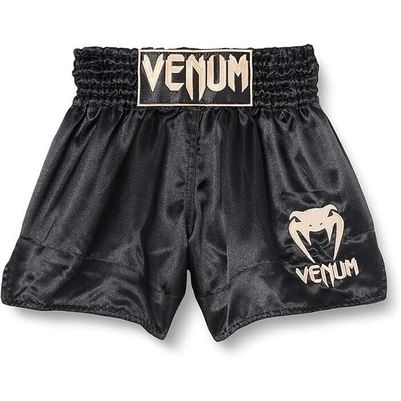 NWOT~Women's VENUM Black Classic Muay Thai Satin MMA Boxing Shorts XL - Picture 1 of 12